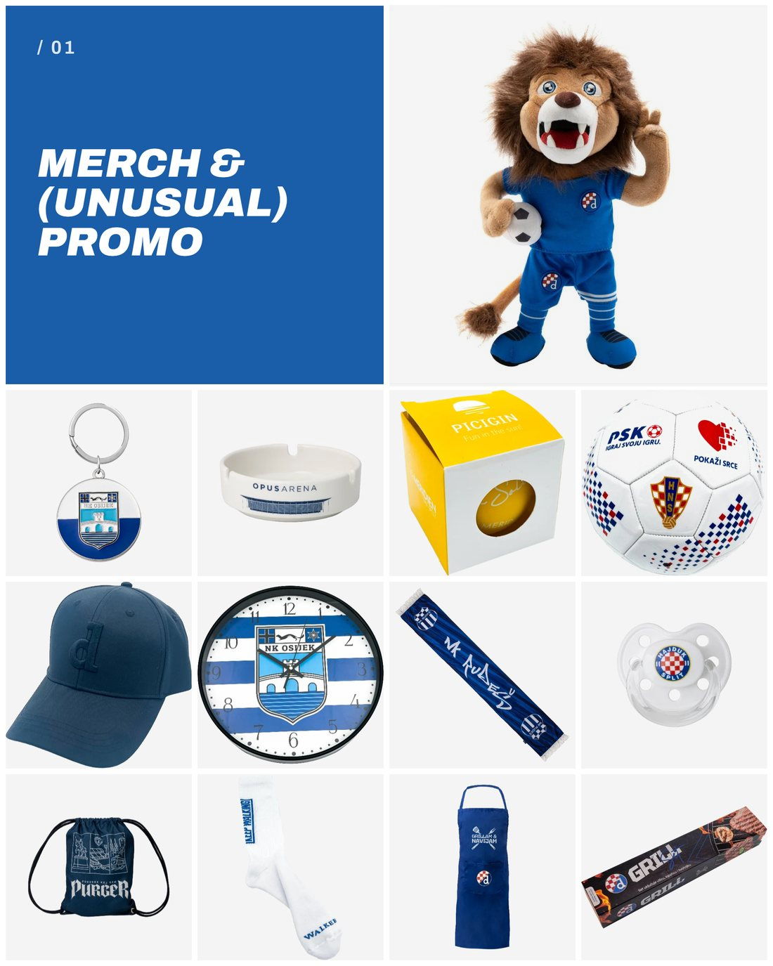 Merch and unusual PROMO programme: plush mascot, fan equipment, custom keychains, clocks and gifts