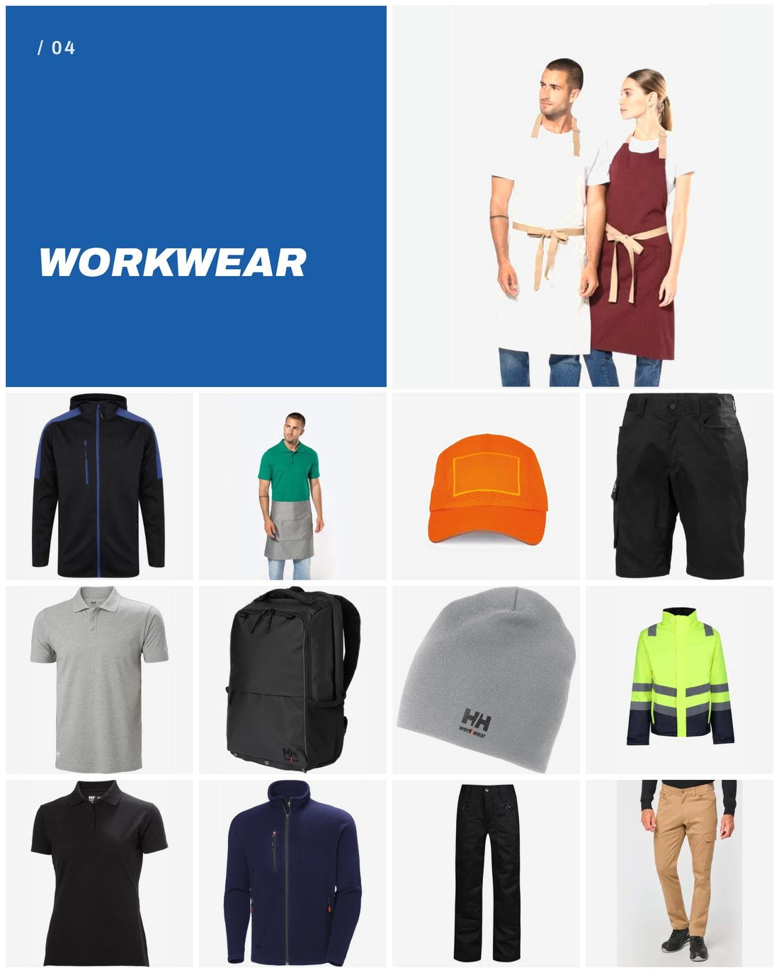 Workwear: aprons, polo shirts, jackets, backpacks and hi-vis programme